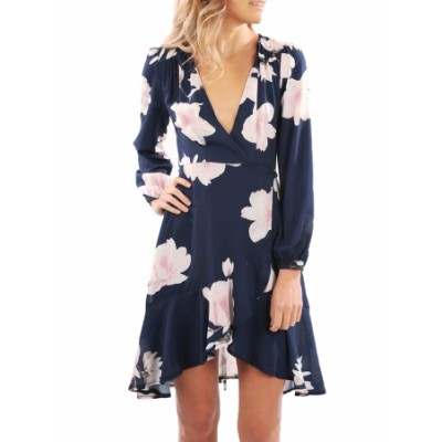 Navy Floral Print Wrap and Tie Long Sleeve Dress